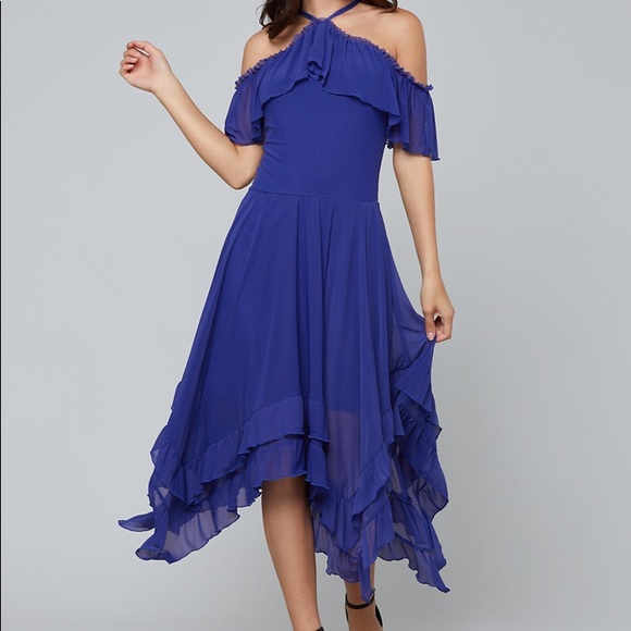 Bebe Women's Blue Ruffled Hanky Hem Dress XS salsa - Picture 5 of 7